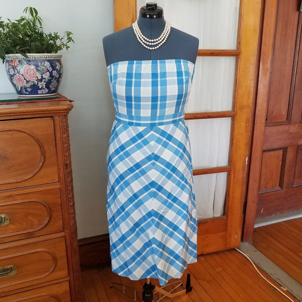 J. Crew Strapless Blue Plaid Dress
